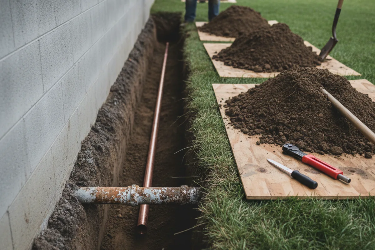 Excavated water line trench during Sewer Line Repair in Latimer
